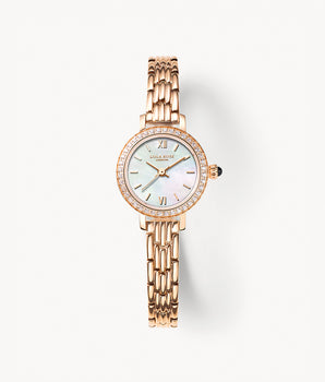 Diamond-encrusted rose gold watch, mother-of-pearl dial, Lola Rose London, women's wristwatch, fashion accessory